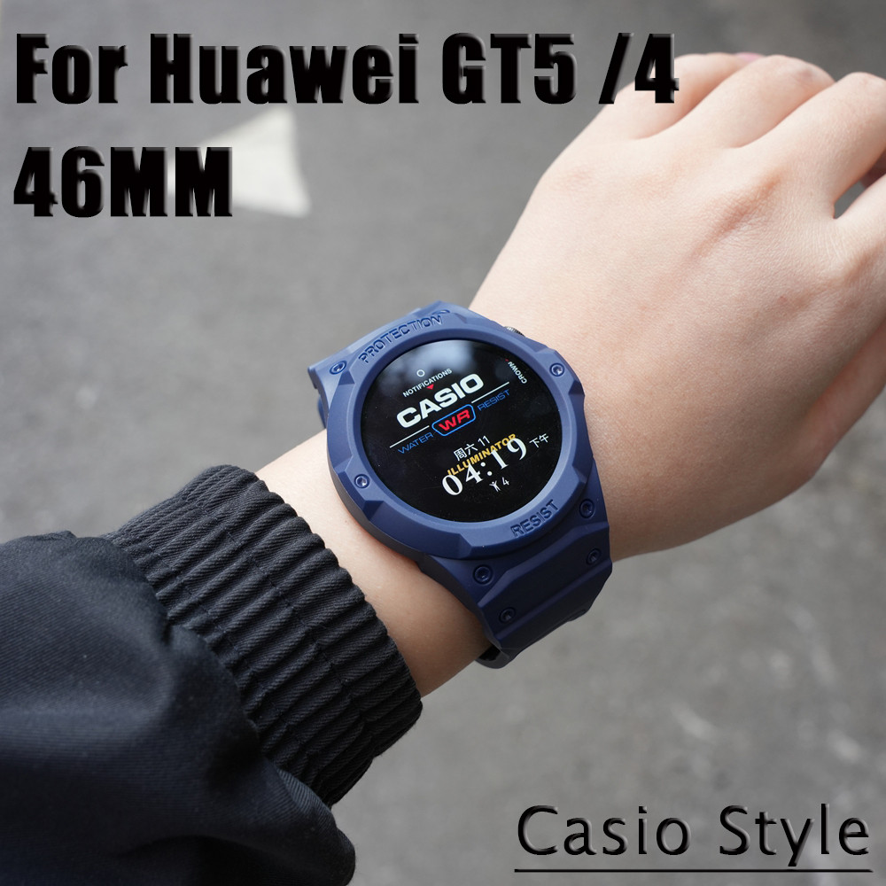 เกราะสายรัดซิลิโคนสําหรับนาฬิกา Huawei GT6 46 มม.GT5/GT4/GT3/GT2 G-Shock ออกแบบสไตล์สาย TPU ทนทานพร้อมเคสป้องกันสายรัดข้อมือเปลี่ยน