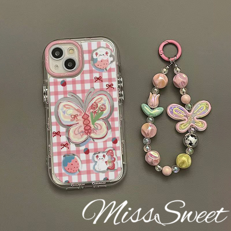 SAMSUNG Insสไตล์กระจกสําหรับsamsung A21S A20s A35 A03 A15 A24 A25 A30 A31 A33 A51 A03s A04 S A05s A11 A12 A13 A14 ผีเสื้อสีชมพูรูปแบบป้องกันการล่มสลาย + เคสโทรศัพท์ + เชือกเส้นเล็ก