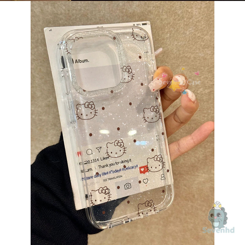 ปลอก KT ใสสําหรับ iPhone 16 15 14 13 12 11 Pro Max X XR Xs Max 7 8 Plus SE2020 โปร่งใส Glitter การ์ตูน Kitty เคสโทรศัพท์มีสไตล์เกาหลีฝาครอบป้องกัน + Lanyard