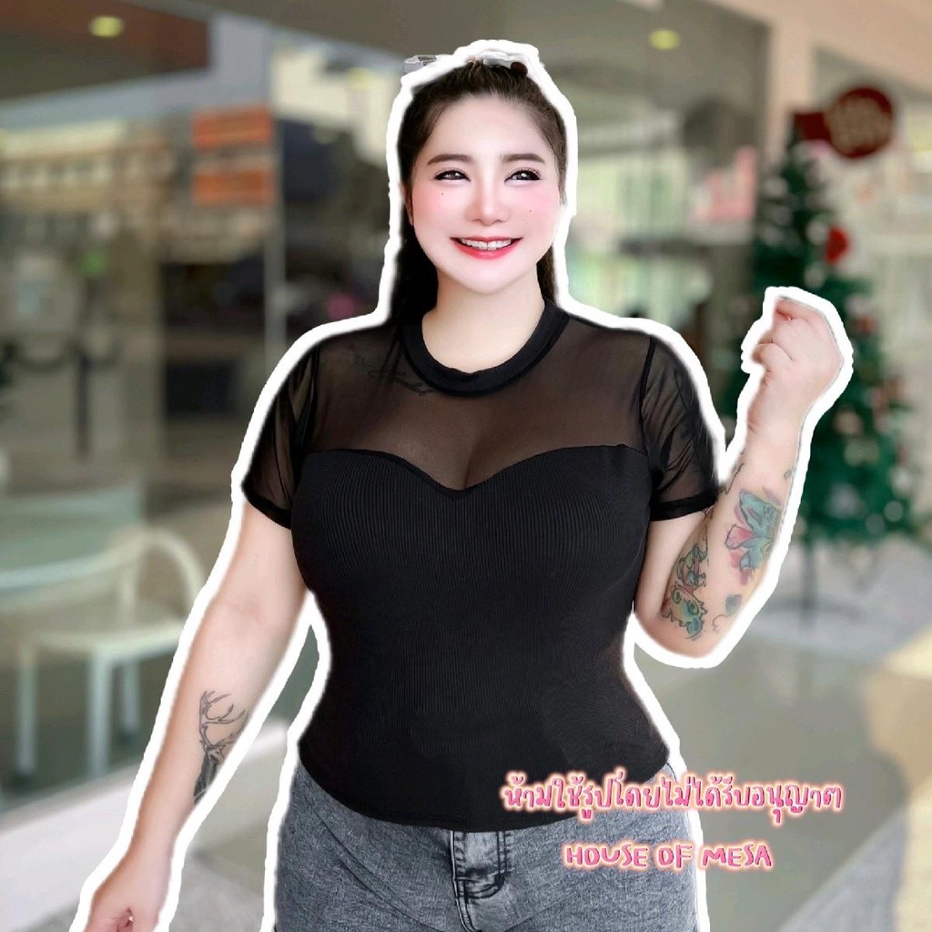 "งานไทย โรงงานขายเอง" เสื้อครอปซีทรูสาวอวบ แขนสั้น/แขนยาว อก34-48นิ้ว