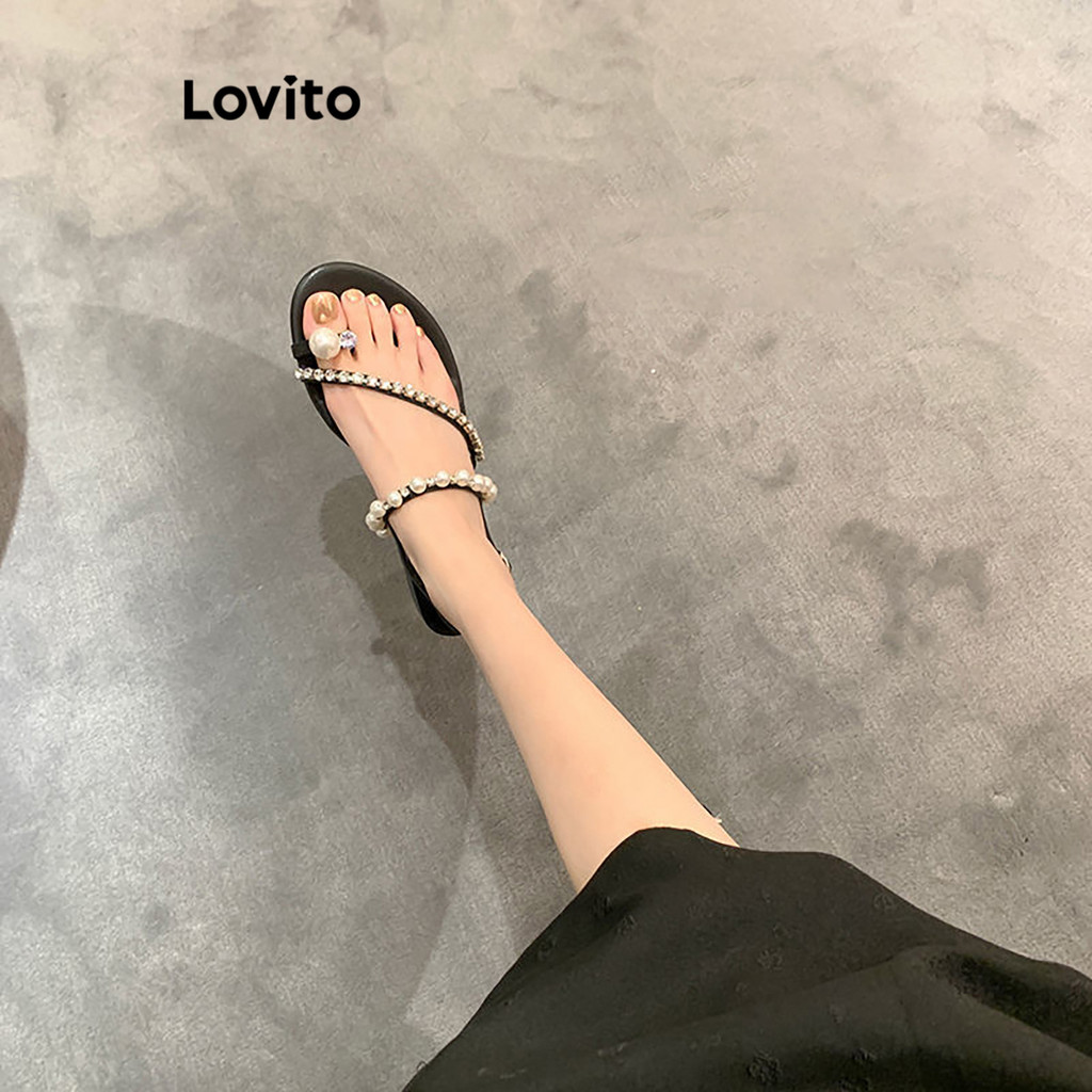 Lovito รองเท้าแตะรัดส้นผู้หญิง พื้นแบน แต่งโซ่ ใส่สบาย สีพื้น สไตล์ลำลอง LFA32428