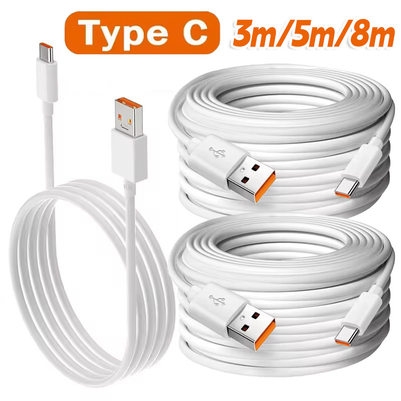 3/5/8m Type-C สายเคเบิลข้อมูลยาวพิเศษ - 6A 66W สายชาร์จต่อขยายชาร์จเร็ว