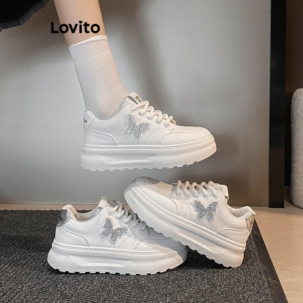 Lovito ลำลองButterfly ไรน์สโตนอเนกประสงค์หนาแต่เพียงผู้เดียวรองเท้าผ้าใบสบายสําหรับผู้หญิง  LFA62252