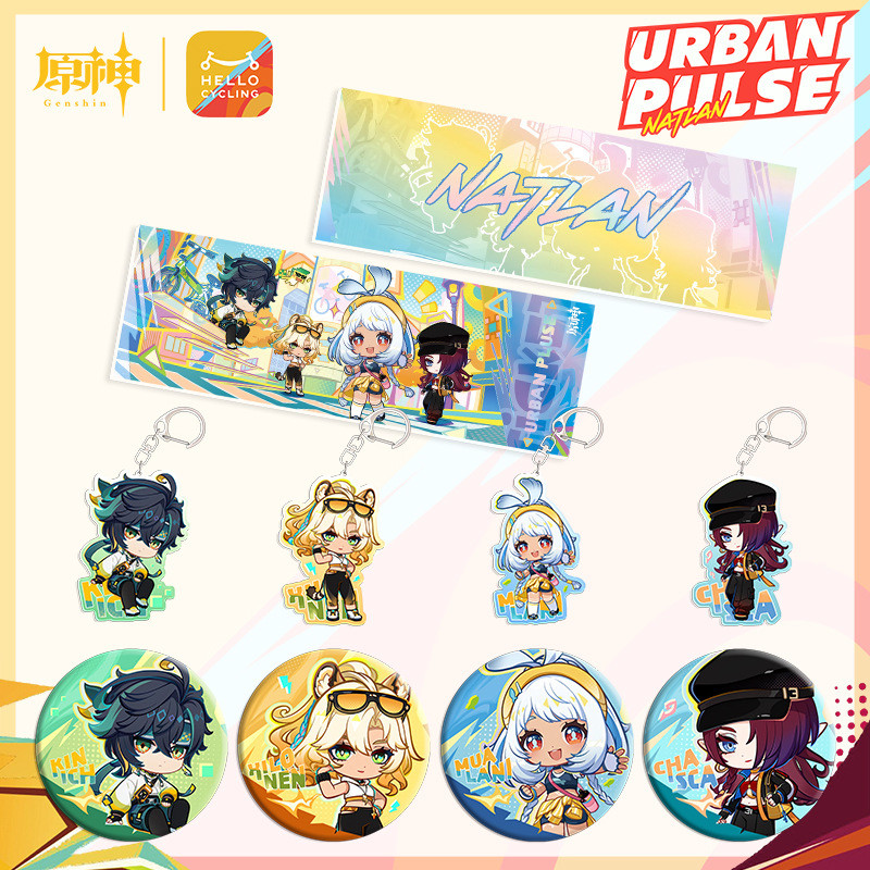 Hello CYCLING X Genshin Impact Game Merch Kinich Mualani Chasca Xilonen Badge พวงกุญแจตั๋วอะคริลิค