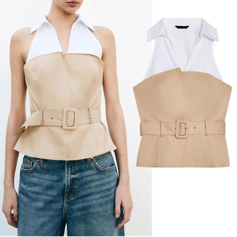 Zara with Belt Halter Neck Collar Sleeve Lapel Top 2609615