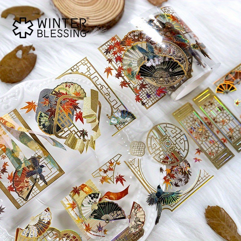 2m เลเซอร์ Golden สไตล์จีน PET Washi เทป Maple Leaf พัดลมโปร่งใสสติกเกอร์ม้วนตกแต่งเทปกาวสําหรับ Scrapbooking Journal ความงามเครื่องเขียน