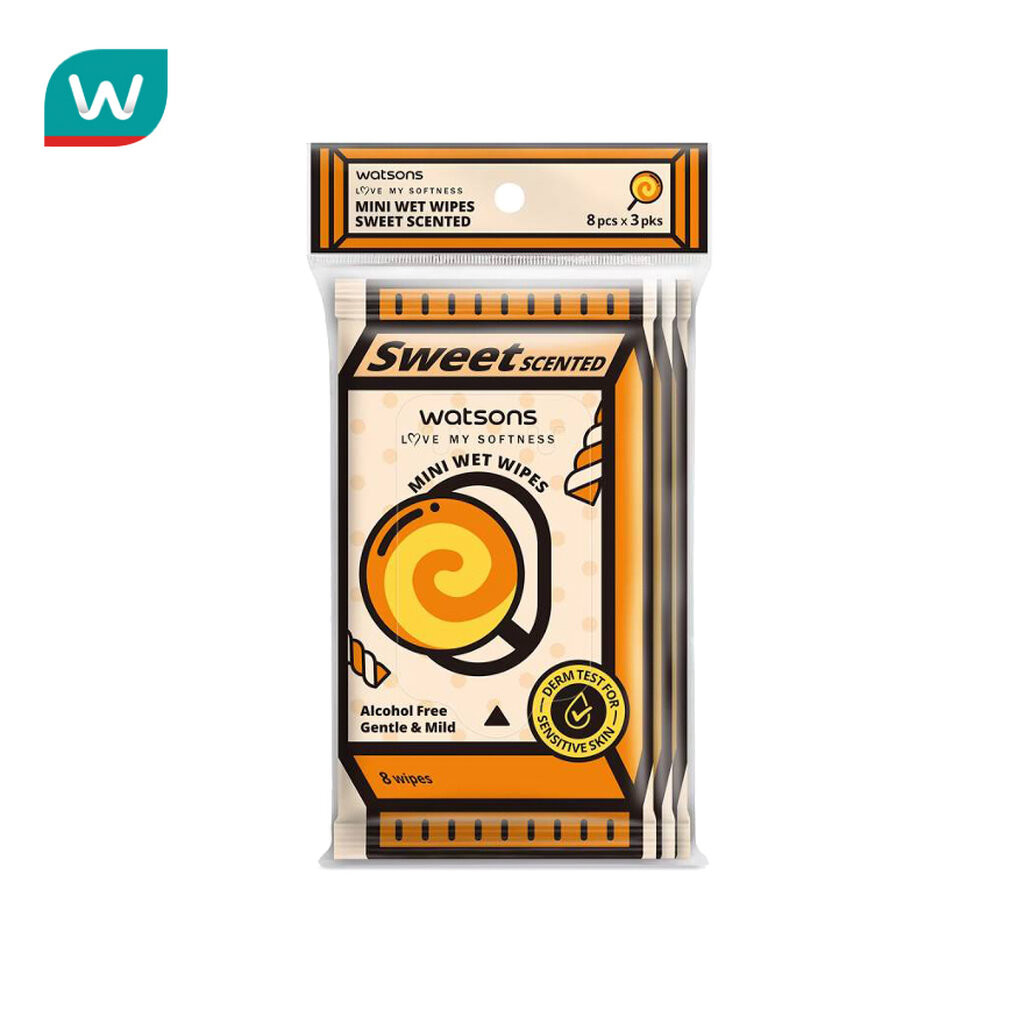 Watsons วัตสัน มินิ เว็ท ไวพ์ สวีท เซ้นท์เท็ด 8 แผ่น x 3 แพ็ค.