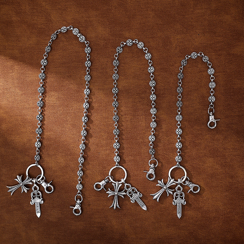 Crow Multi-Element กางเกงกระเป๋าโซ่แขวนดาบรอบลูกปัด Cross เอว Chain Lobster Clasp จี้กางเกงยีนส์โซ่