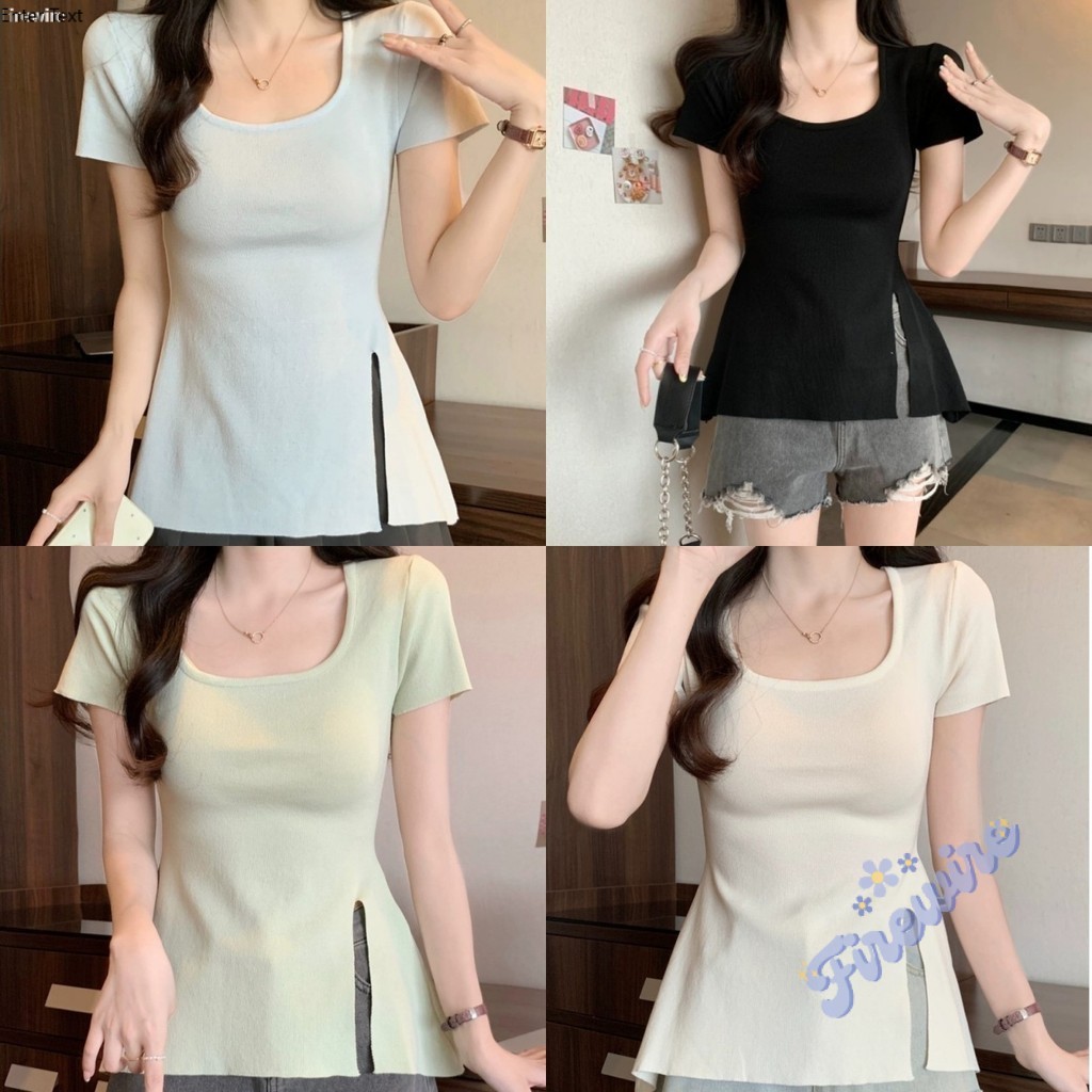 Firewire🔥พร้อมส่ง🔥【เสื้อยืดแขนสั้น】เสื้อยืดผู้หญิง แขนสั้น ผ้าไหมพรม น่ารัก ดีไซน์ผ่าข้าง ทรงพอดีตัว สีดำ"D113"