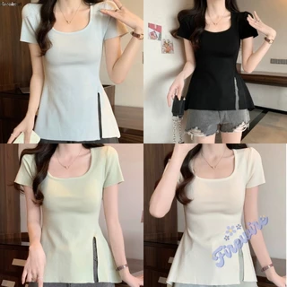 Firewire🔥พร้อมส่ง🔥【เสื้อยืดแขนสั้น】เสื้อยืดผู้หญิง แขนสั้น ผ้าไหมพรม น่ารัก ดีไซน์ผ่าข้าง ทรงพอดีตัว สีดำ"D113"