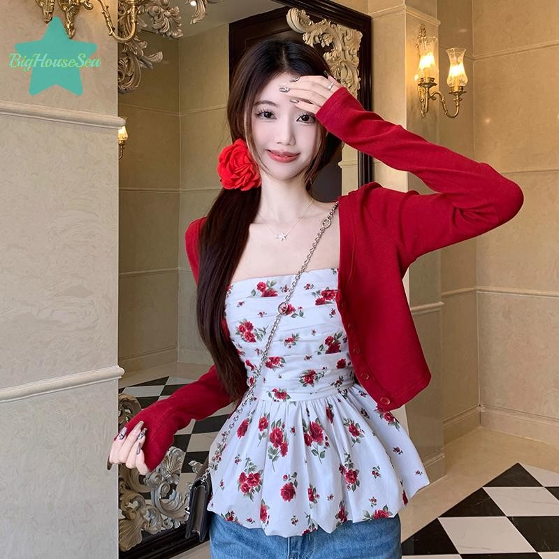 [BigHouseSea] ฤดูร้อนใหม่วันหยุดแฟชั่น Retro ผู้หญิงดอกไม้เสื้อกั๊กสีแดงสั้นเสื้อสเวตเตอร์ถัก Slash คอ Camis Chic Strapless Tank ใหม่