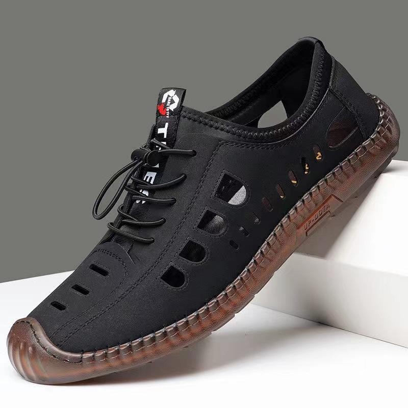ผู้ชาย Hollow รองเท้าอินเทรนด์ Anti-Slip Hole รองเท้าสไตล์ใหม่ชายหาด Casual Breathable รองเท้าผู้ชาย Soft-Soled รองเท้าแตะรองเท้าหนังแท้