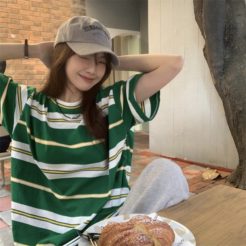 เสื้อยืดโอเวอร์ไซส์ผู้หญิง Oversize เสื้อผ้าแฟชั่นเกาหลี วินเทจลายทาง ทรงหลวม แนวสตรีท เท่ๆ XXXL