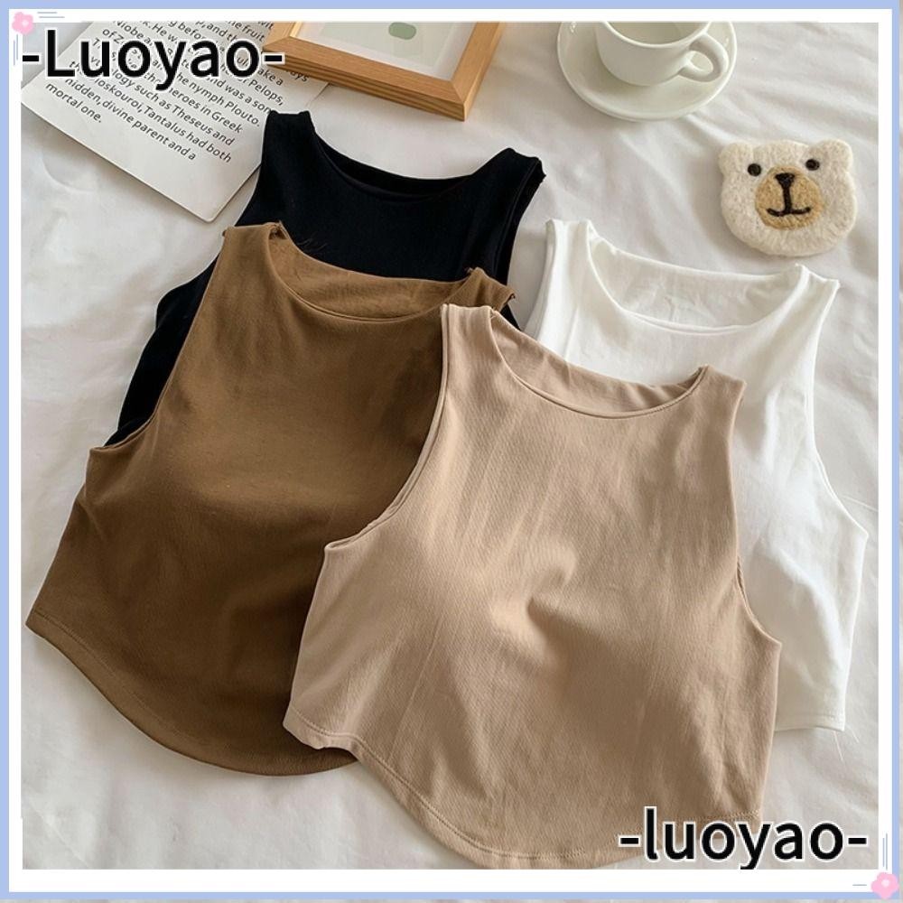 Luoyao เสื้อแขนกุด คอกลม ผ้าฝ้าย สีพื้น สําหรับผู้หญิง