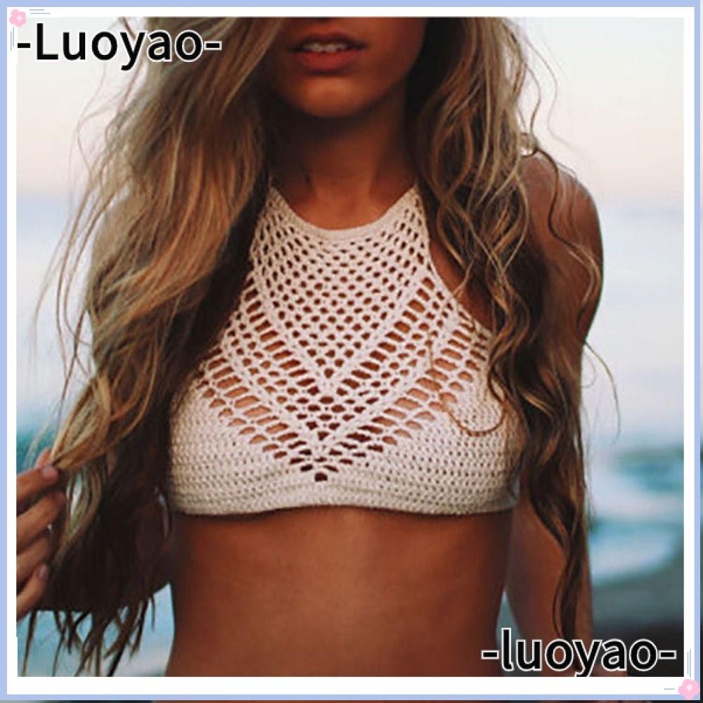 Luoyao ชุดว่ายน้ํา บิกินี่โครเชต์ สีพื้น กลวง ชายหาด ย้อนยุค คล้องคอ ผู้หญิง เสื้อกล้าม