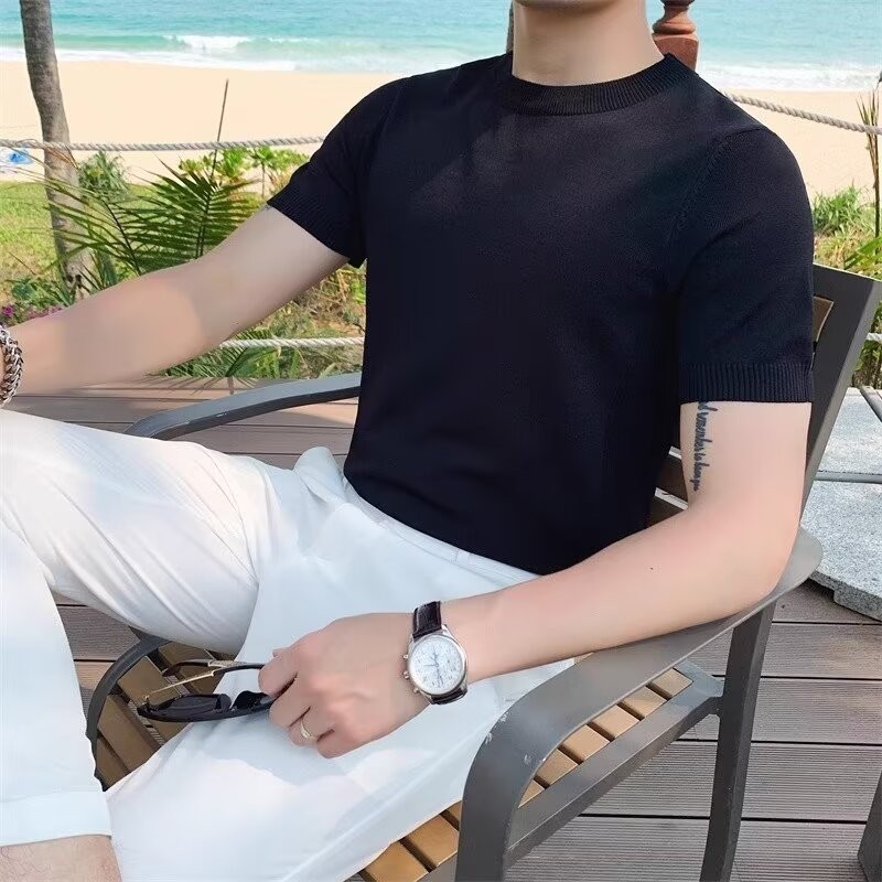 เสื้อยืดกันหนาว ผ้าเรยอนถัก ผ้าตาข่าย สไตล์เกาหลี แฟชั่นฤดูร้อน สําหรับผู้ชาย 2025