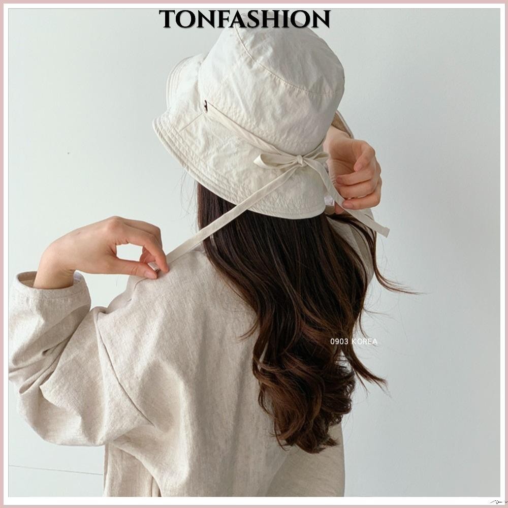 Tonfashion หมวกชาวประมง, หมวกกันแดด เชือกกันลม สีพื้น, หมวกบักเก็ต แบบผูกเชือก แบบบาง กลางแจ้ง