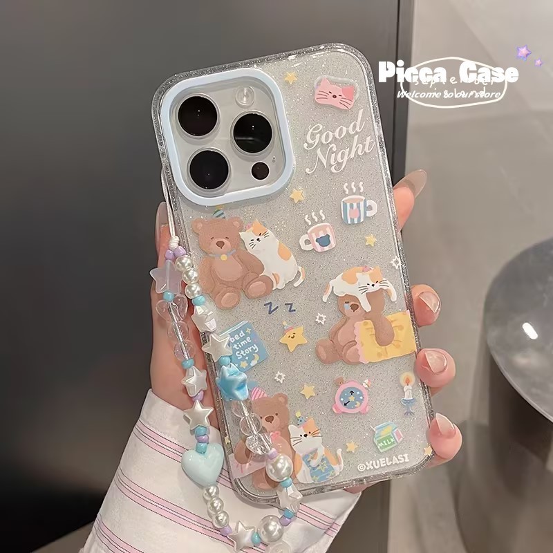 เคสโทรศัพท์มือถือ ลายการ์ตูนหมี แมว ดาว กระต่าย ไอศกรีม แต่งกลิตเตอร์ พร้อมสายคล้องมือ สําหรับ IPhone 11 14 15 13 12 Pro Max 7Plus 8 7 6s 14 15 6 Plus XR X XS Max SE 2020