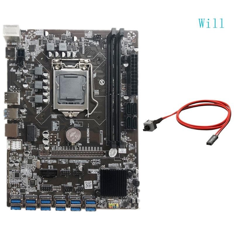 Will เมนบอร์ดขุดเหมือง B250C BTC 12 PCI-E รองรับการ์ดวิดีโอ 12 USB3 0 LGA1151 DDR4 และสายเคเบิลสวิตช์ สําหรับ Bitcoin M