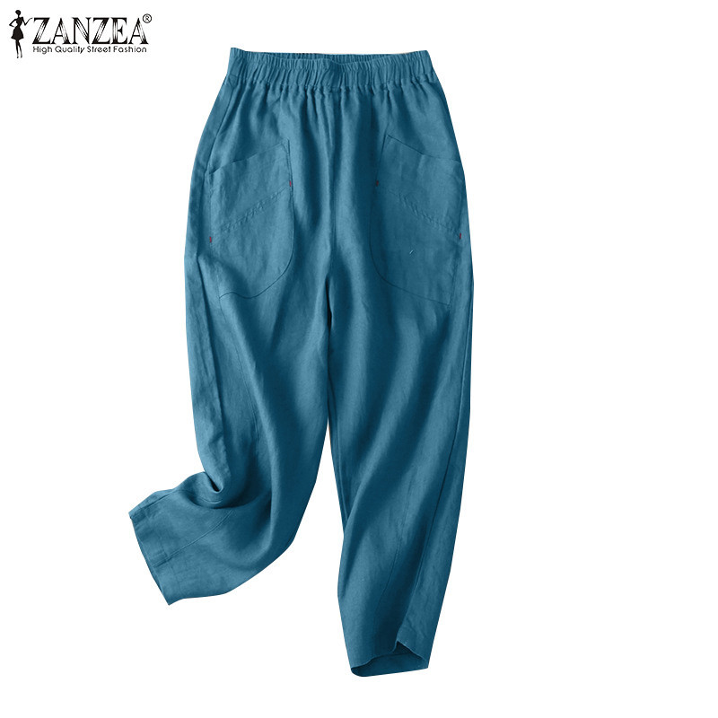 Zanzea กางเกงขายาวลําลอง เอวยางยืด ทรงหลวม มีกระเป๋า สีพื้น สไตล์เกาหลี สําหรับสตรี