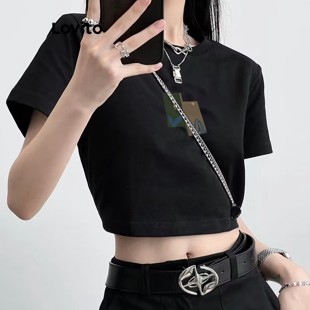 Lovito เสื้อยืดเบสิก ลายทิวทัศน์ สำหรับสตรีLNE16095 (สีดำ)