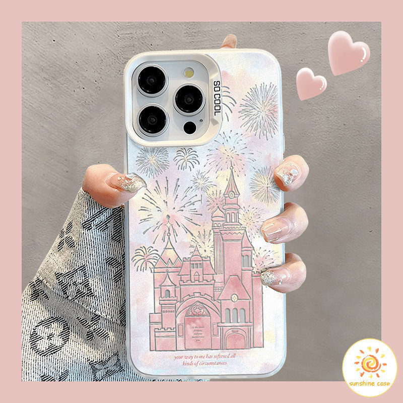 เคสโทรศัพท์มือถือกรอบโลหะชุบโลหะลาย Desniy Castle สีชมพู ไอโฟน11 For iPhone12 13 14 15Pro MAX X XS XR 6 7 8Plus SE2020