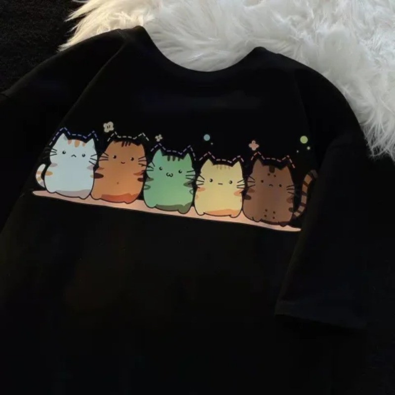 ฤดูร้อนน่ารักห้าสีแมวการ์ตูนพิมพ์หลวมแขนสั้นผู้หญิงเสื้อยืดรอบคอด้านบน