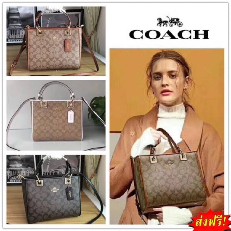 Perry Tote Classic Bag F57568 พิมพ์คลาสสิก ผู้หญิง กระเป๋าสะพายข้าง Coac h กระเป๋า หนังแท้ ความจุสูง