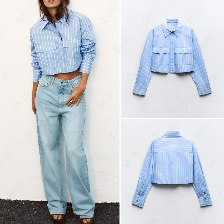Ra 2024 ฤดูใบไม้ผลิฤดูร้อนผลิตภัณฑ์ใหม่ผู้หญิงแขนยาวหรูหราหลวม All-Match Striped สั้นเสื้อ 2298084 046