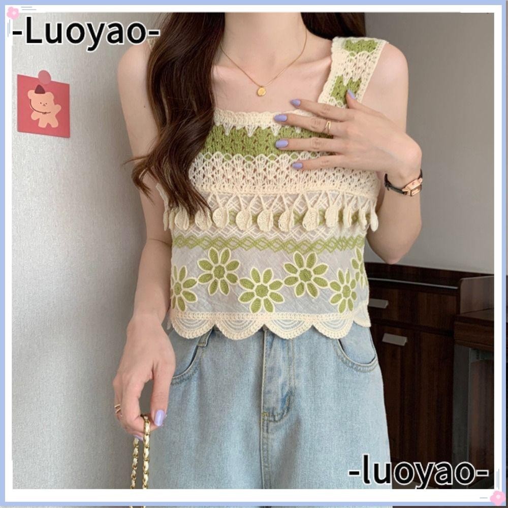 Luoyao เสื้อครอปแขนกุด ผ้าถักโครเชต์ ปักลาย สไตล์เรโทร แฟชั่นฤดูร้อน สําหรับผู้หญิง
