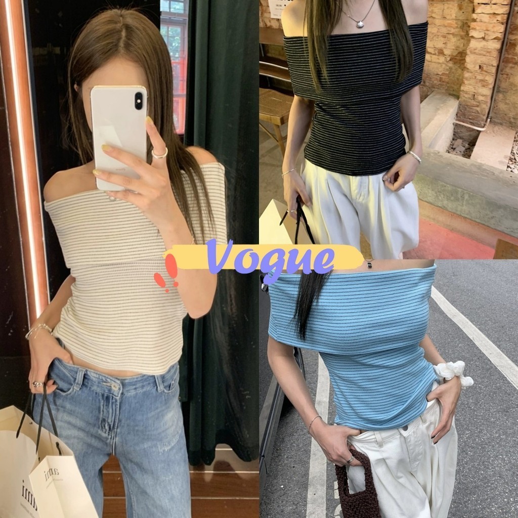 Vogue พร้อมส่ง เสื้อเปิดไหล่ไหมพรม ลายทาง ใส่ง่ายเบาสบาย (18042)