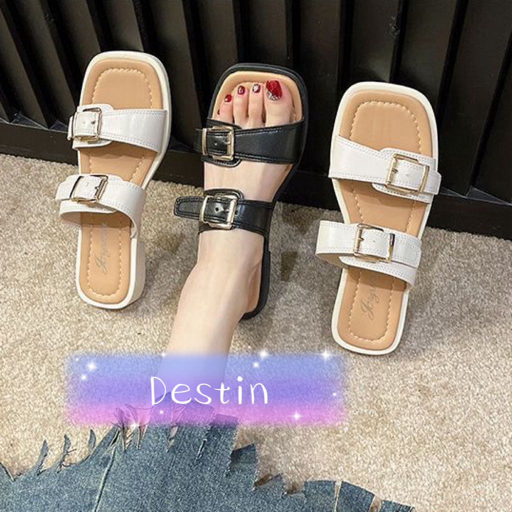 Destin🩰พร้อมส่งจากไทย🛒 (LT-NUM) (ไม่สามารถปรับสายได้)รองเท้าแตะหญิง สไตล์ins ส้นแบน slides หัวเข็มขัดแฟชั่น นุ่ม