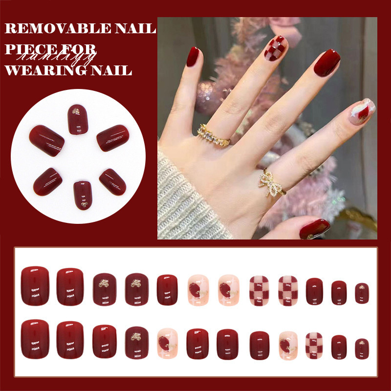 ส่งเร็ว🌼เล็บปลอมสั้นสำเร็จรูปลายตารางหมากรุกดอกไม้สไตล์โมเดิร์นหวานแฟชั่นกันน้ำDIYหลากหลายสไตล์24ชิ้น-Ranliyy