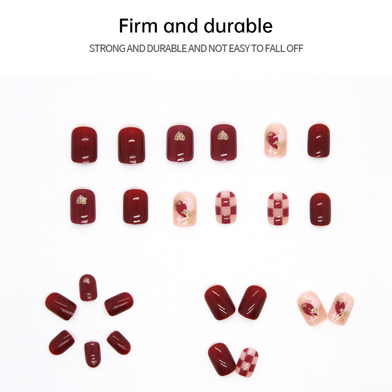 ส่งเร็ว🌼เล็บปลอมสั้นสำเร็จรูปลายตารางหมากรุกดอกไม้สไตล์โมเดิร์นหวานแฟชั่นกันน้ำDIYหลากหลายสไตล์24ชิ้น-Ranliyy - รูปที่ 7