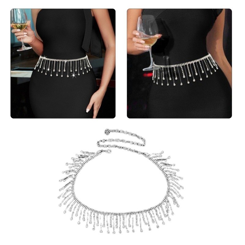 เวลา* โซ่เอวผู้หญิงพร้อม Rhinestone Fringe Beach Getaways Disco Party โซ่เอว
