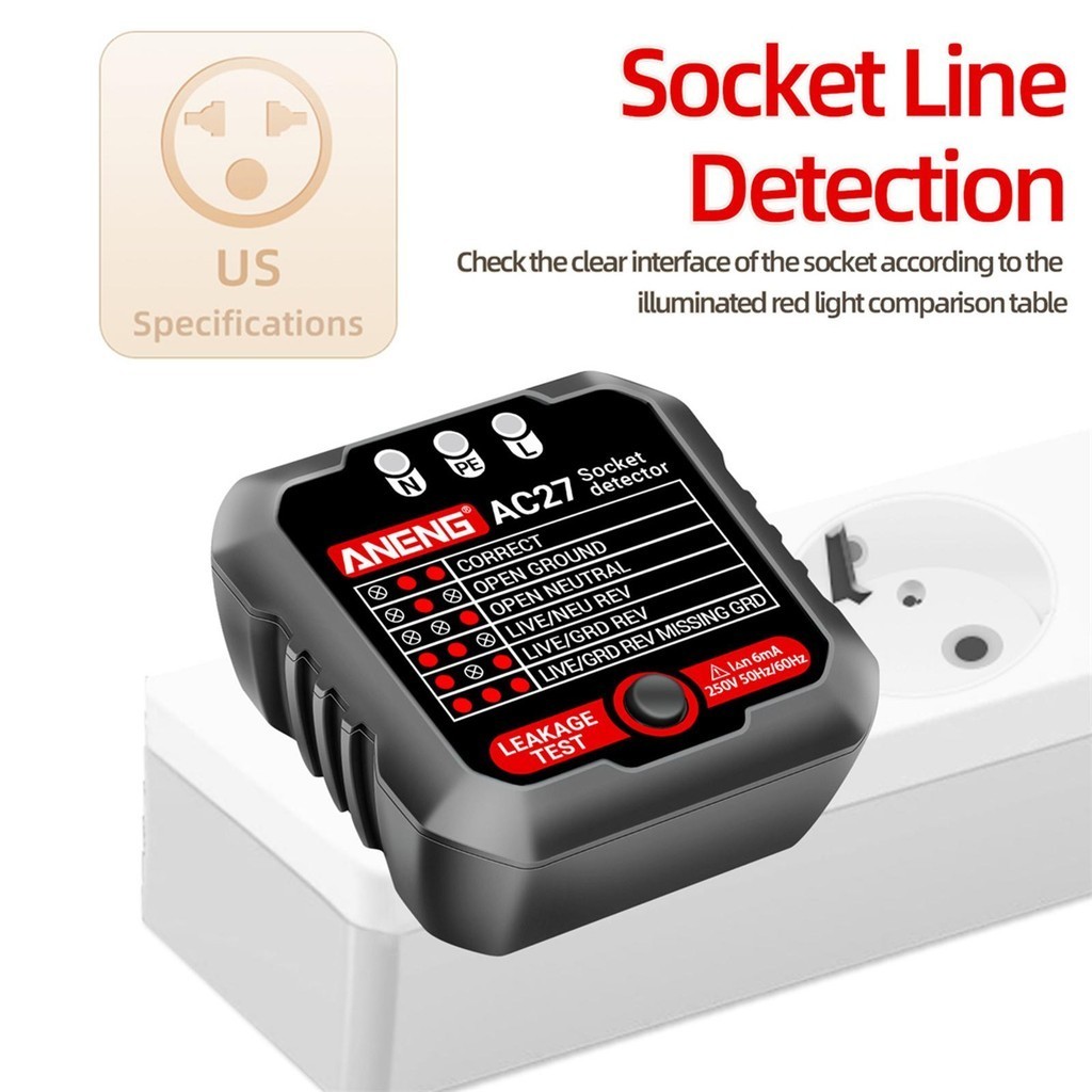 [mibum01eb ] 4xoutlet Tester วงจรสายไฟ Polarity Checker Socket Tester สีดํา