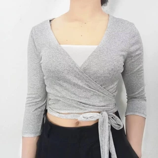 เสื้อยืดแขนยาวสุดเก๋ ดีไซน์ไขว้หน้าผูกเอว ผ้าเรย่อนสวมใส่สบาย