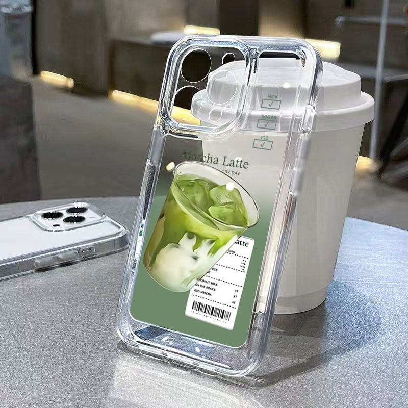 Ins ฤดูร้อน Matcha กาแฟสําหรับ iPhone 16 11 12 13 14 15 Pro Max 16e XS XR X Max 7 8 14 15 Plus SE2 Mini Lemonade Space ซิลิโคนโปร่งใสนุ่ม