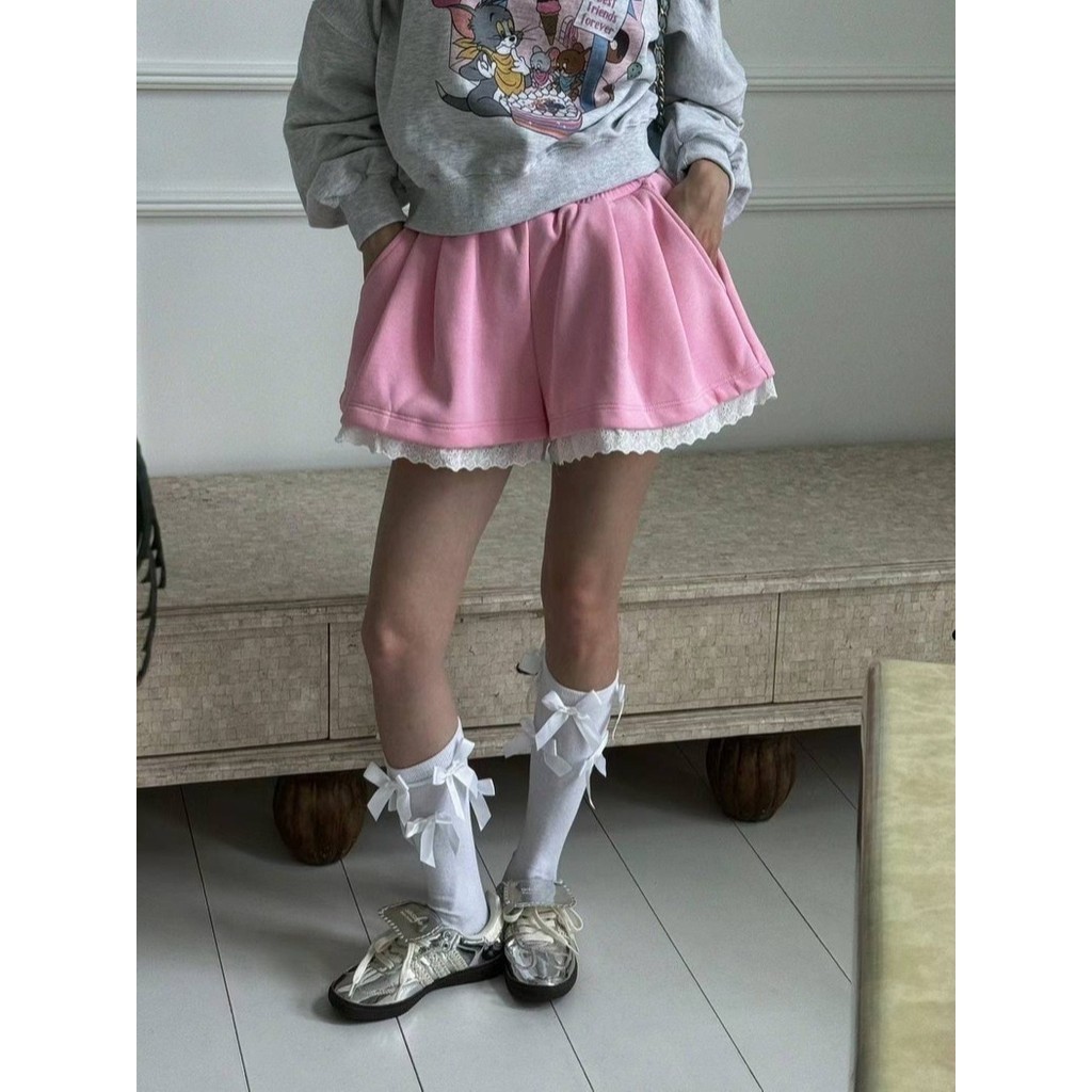 เกาหลีอินทงแดมุนสไตล ์ ใหม ่!หวานน ่ ารัก Bowknot ปักลูกไม ้ สีทึบหลวมขากว ้ างกางเกงขาสั ้ นลําลองสาวฤดูร ้ อนสั ้ น