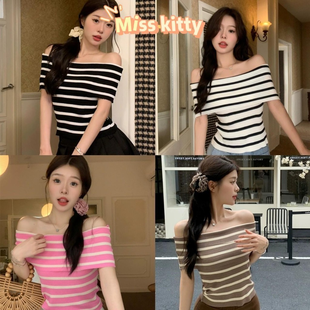 Miss Kitty จัดส่งจากประเทศไทย เสื้อยืดผู้หญิง คอปาดปาดไหล่ ถัก ลายทาง เสื้อผ้าแฟชั่นผู้หญิง *95161