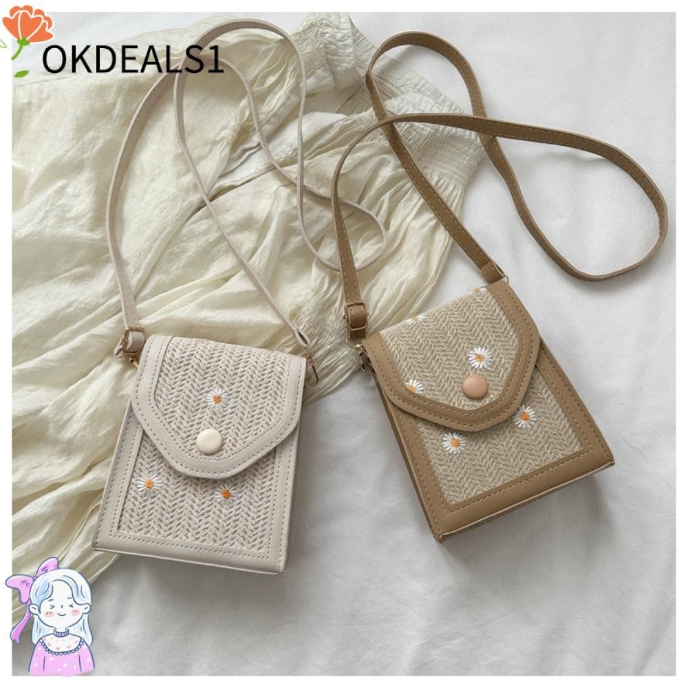 Dealshop กระเป๋าใส่โทรศัพท์มือถือ ฟางฟางสาน ลายดอกเดซี่น้อย