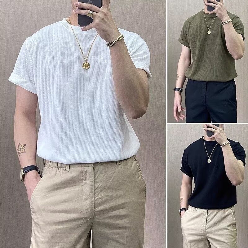 เสื้อยืดวาฟเฟิล High-End Sense Slim-Fit ครึ่งแขนผิว-