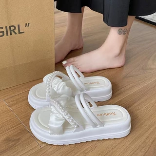 🍓EnJoy🍓 พร้อมส่ง (LT-2888) รองเท้าแตะสวม สายคาดไขว้ ดีเทลมุกสไตล์สาวหวาน