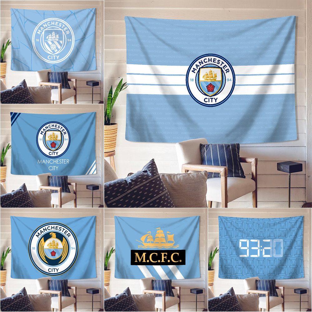 Manchester City FC Logo Wall Tapestry พร ้ อมคลิปโพลีเอสเตอร ์ Tapestries ห ้ องนอนแขวนผนัง Tapestry ตกแต ่ งบ ้ าน