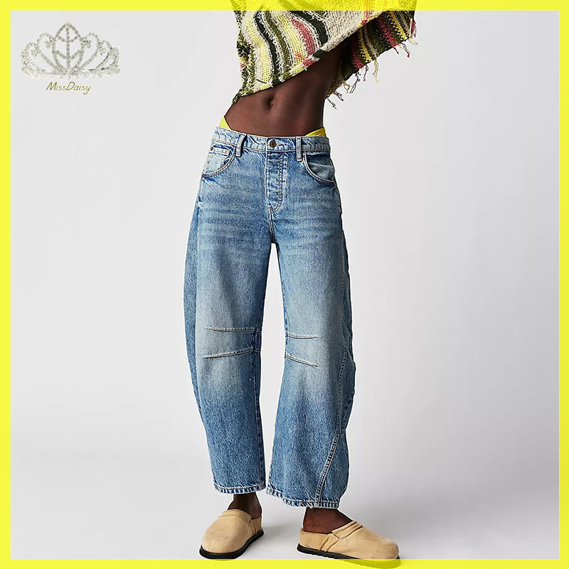 Daisy กางเกงยีนส์ขากว้างผู้หญิงลําลองหลวม Y2K ต่ําเอว Denim กางเกง Cropped Barrel Baggy กางเกงยีนส์กระเป๋ากางเกงยีนส์แฟนเรียวกางเกง TH