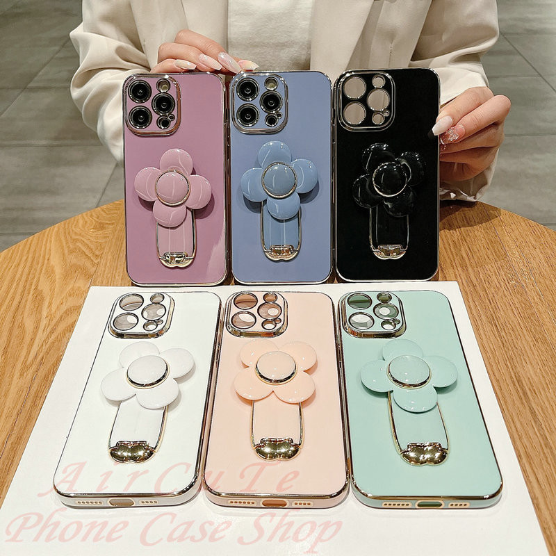 เคส Huawei Y9 Y9S Prime Nova 3i 5T 7i 9 10 SE 11i Y90 Y70 Y61 P30 Lite Pro 2019 2020 Electroplating Camera Solid color Rotating Flower Stand Soft Case