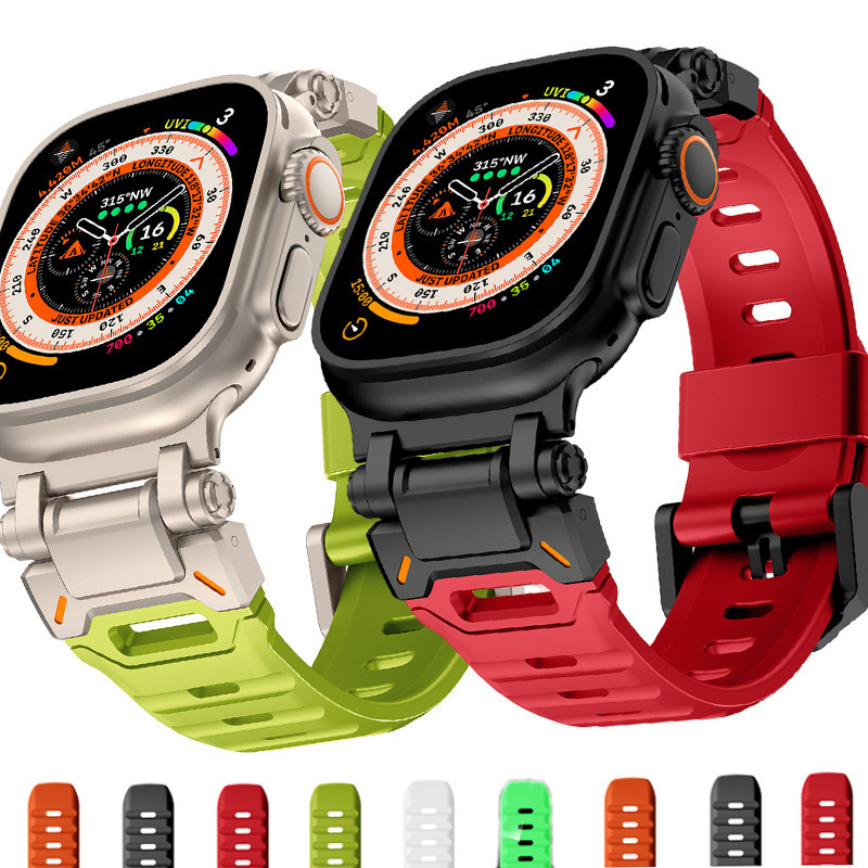 ไทเทเนียมสีเชื่อมต่อ Fluororubber ซิลิโคนสายกีฬาสําหรับ Apple Watch Ultra 2 49 44 42 45 มม. Iwatch serie 9 8 7 SE 6 5 4