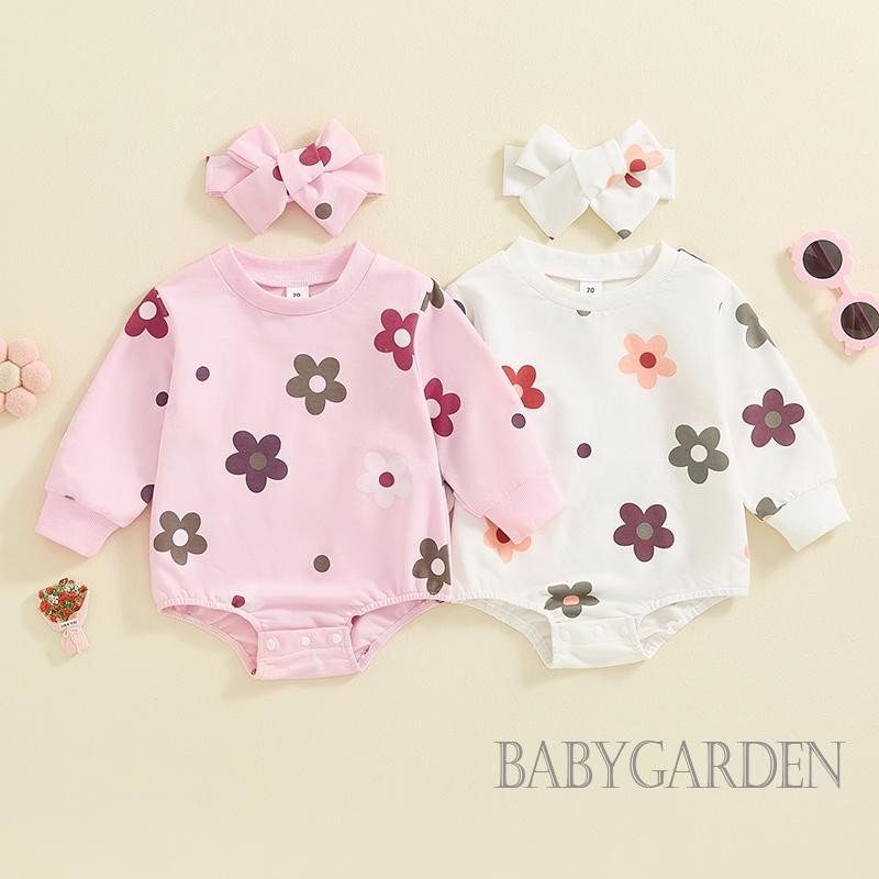 Bga-เด ็ กผู ้ หญิงเสื ้ อสเวตเตอร ์ Romper พร ้ อมแถบคาดศีรษะทารกพิมพ ์ ลายดอกไม ้ รอบคอแขนยาวJumps