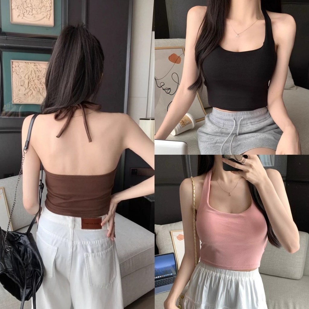 Pudding ~พร้อมส่ง "FYA070" เสื้อคล้องคอครอปสั้น มีฟองน้ำ ทรงรัดตัว ยืดใส่ง่าย ใส่สบาย