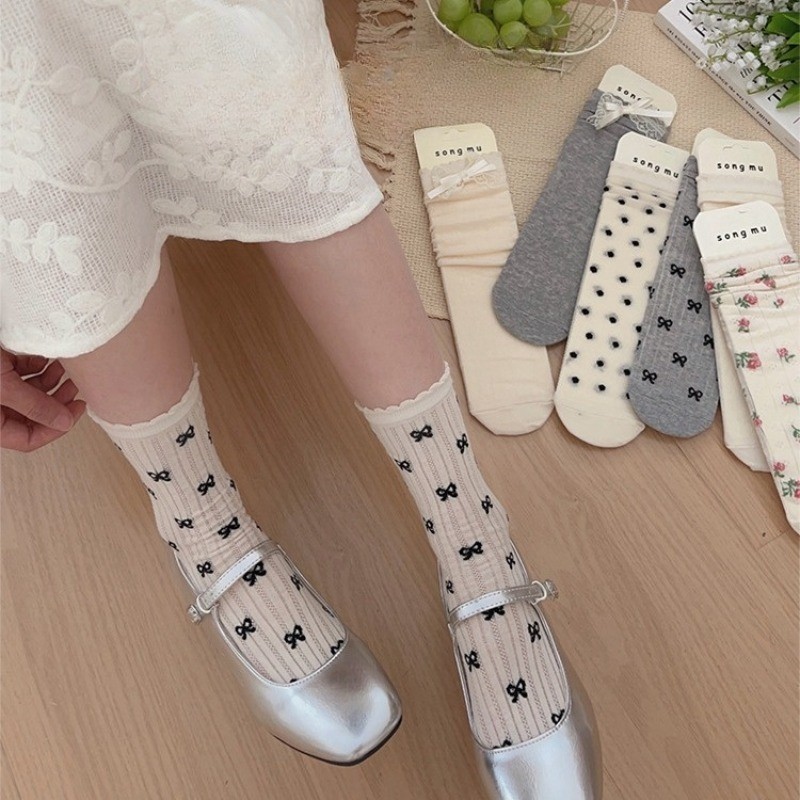 Piles Calf Stocking - JK, Lolita, สไตล์บัลเล่ต์, หวาน - Summer Wear Matching Accessories - Bowknot Middle Tube Socks - Translucent, Ultra-thin, Vertical Strip